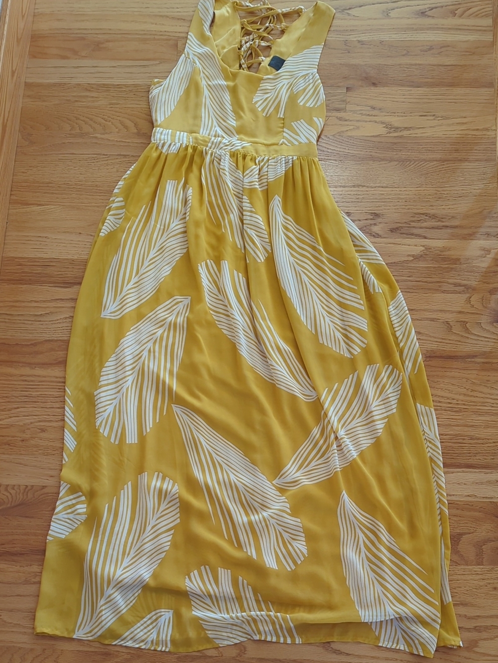 Anthropologie Yellow Leaf-Print Maxi Dress